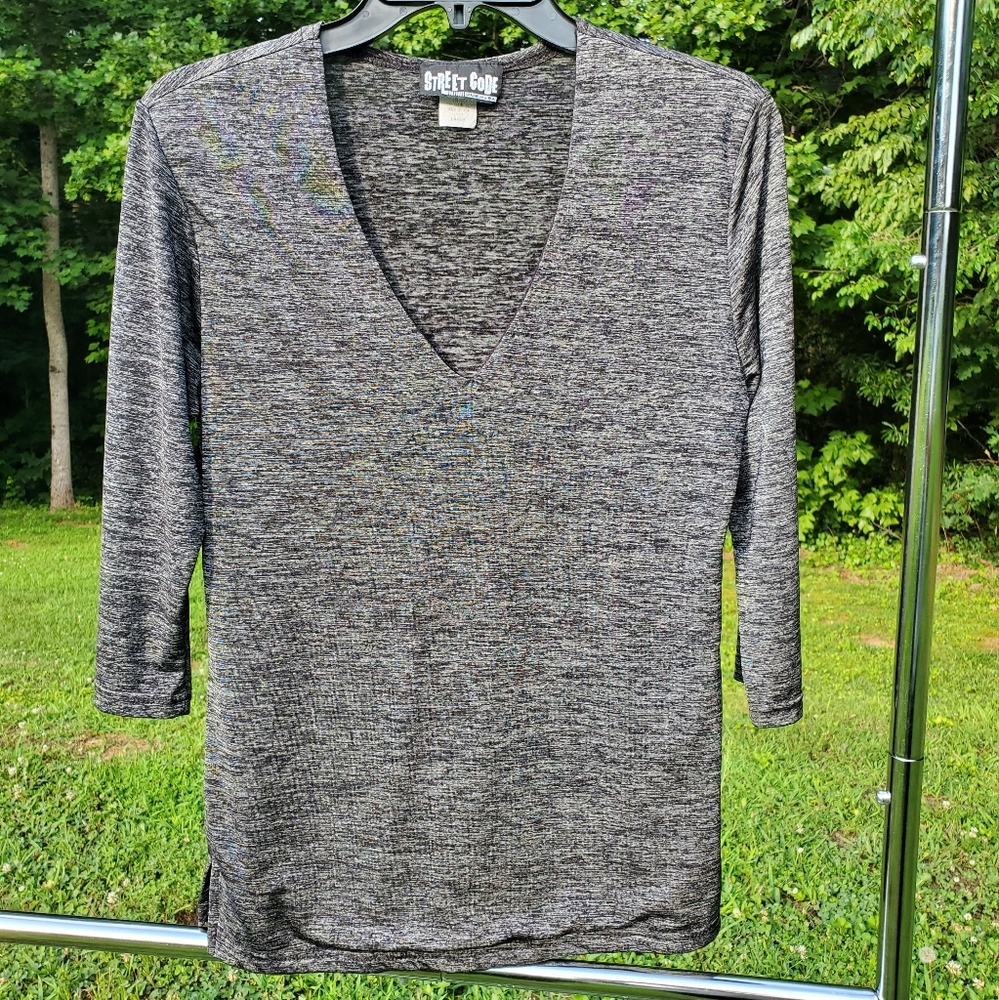 Street Code Grey/Black Large V-neck Three Quarter Sleeve Heavy Lined Blouse